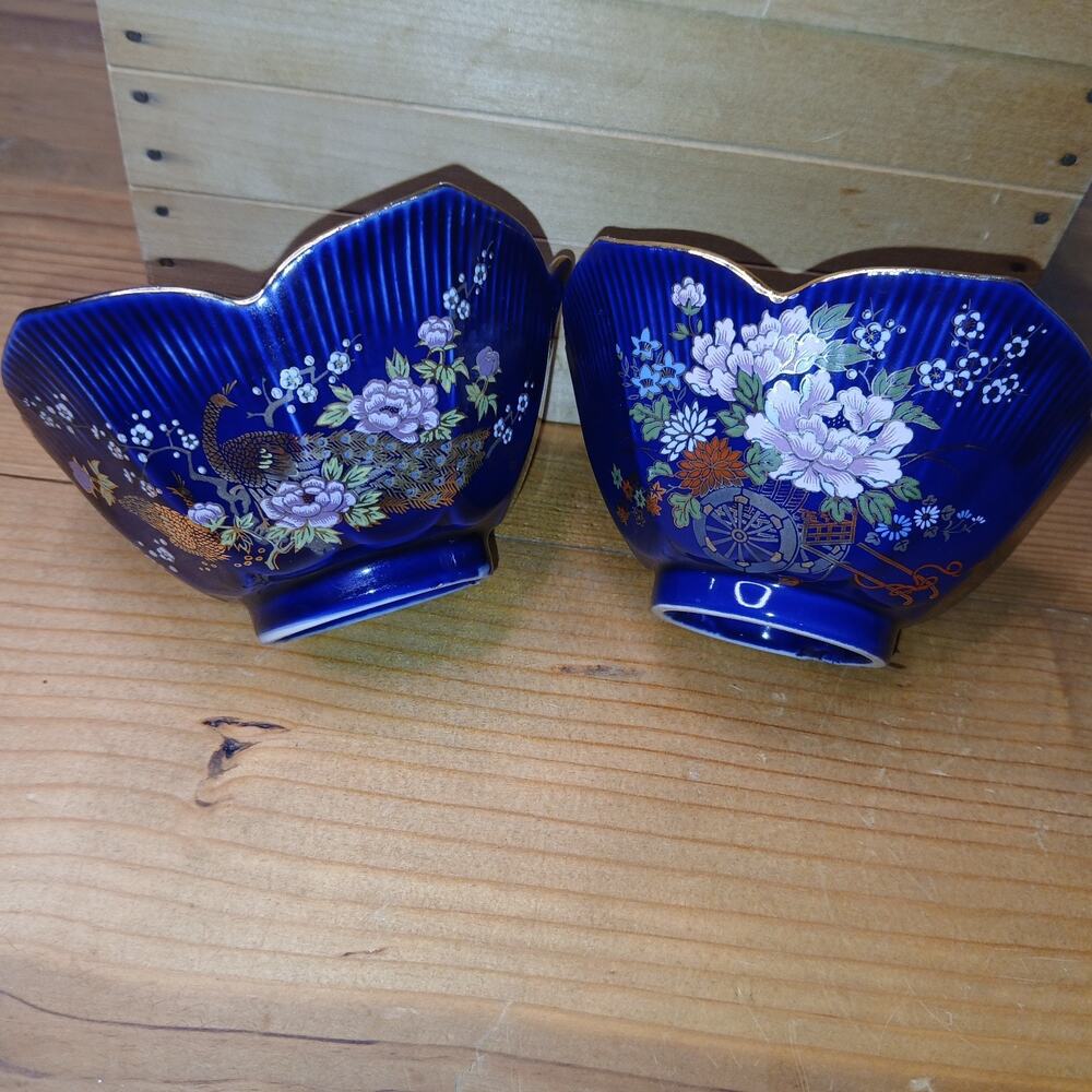 Vintage Japanese Lotus Bowl Peacock wheelbarrow Blue Hand Painted Set Of 2 #24